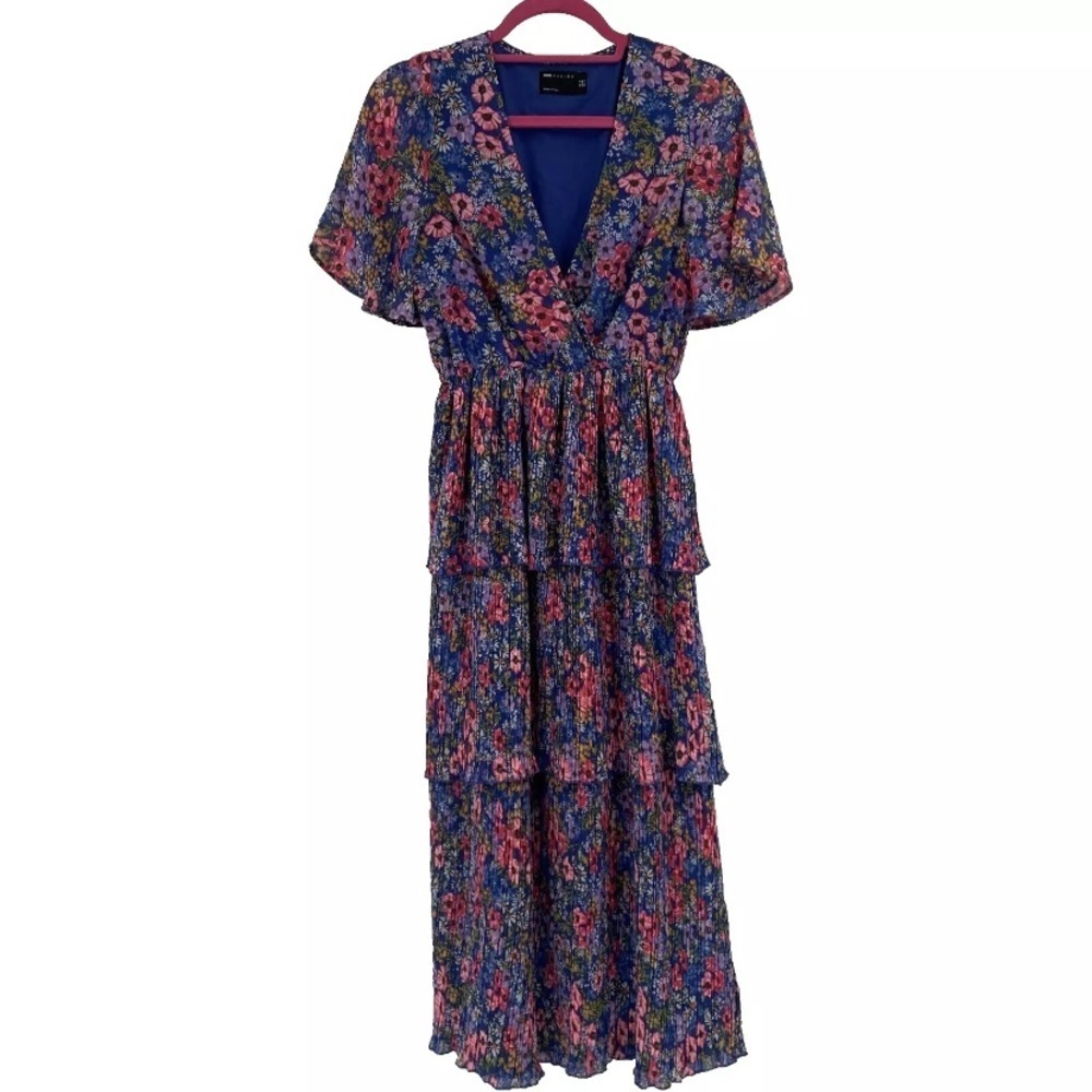 ASOS  Wrap Front Tiered Pleated Midi Dress in Blue Flirty Floral Print Size 8 - Picture 5 of 13